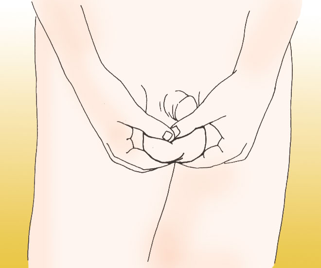 A line drawing illustration demonstrating the manual technique for performing a testicular self-examination.